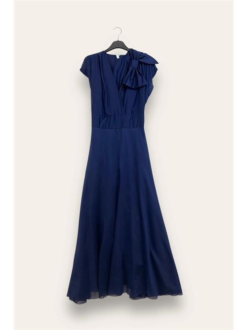 Abito lungo con fiocco sul petto e corpetto in vita LOVEme | IS-12385/Blu