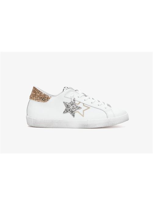 SNEAKERS LOW PELLE BIANCA GLITTER SILVER-ORO 2STAR | 2SD4897/108