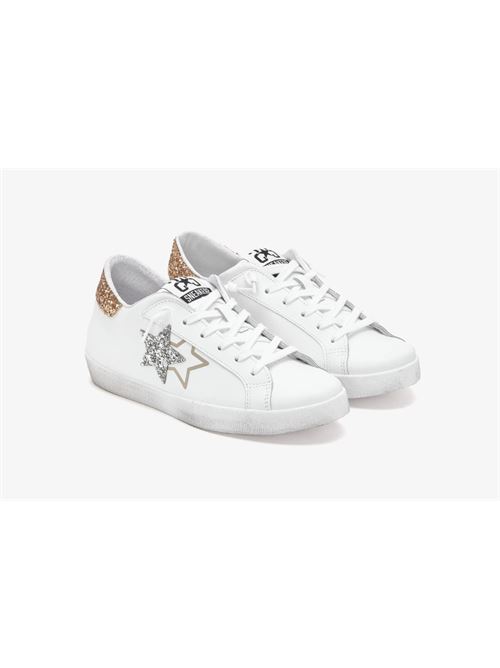 SNEAKERS LOW PELLE BIANCA GLITTER SILVER-ORO 2STAR | 2SD4897/108